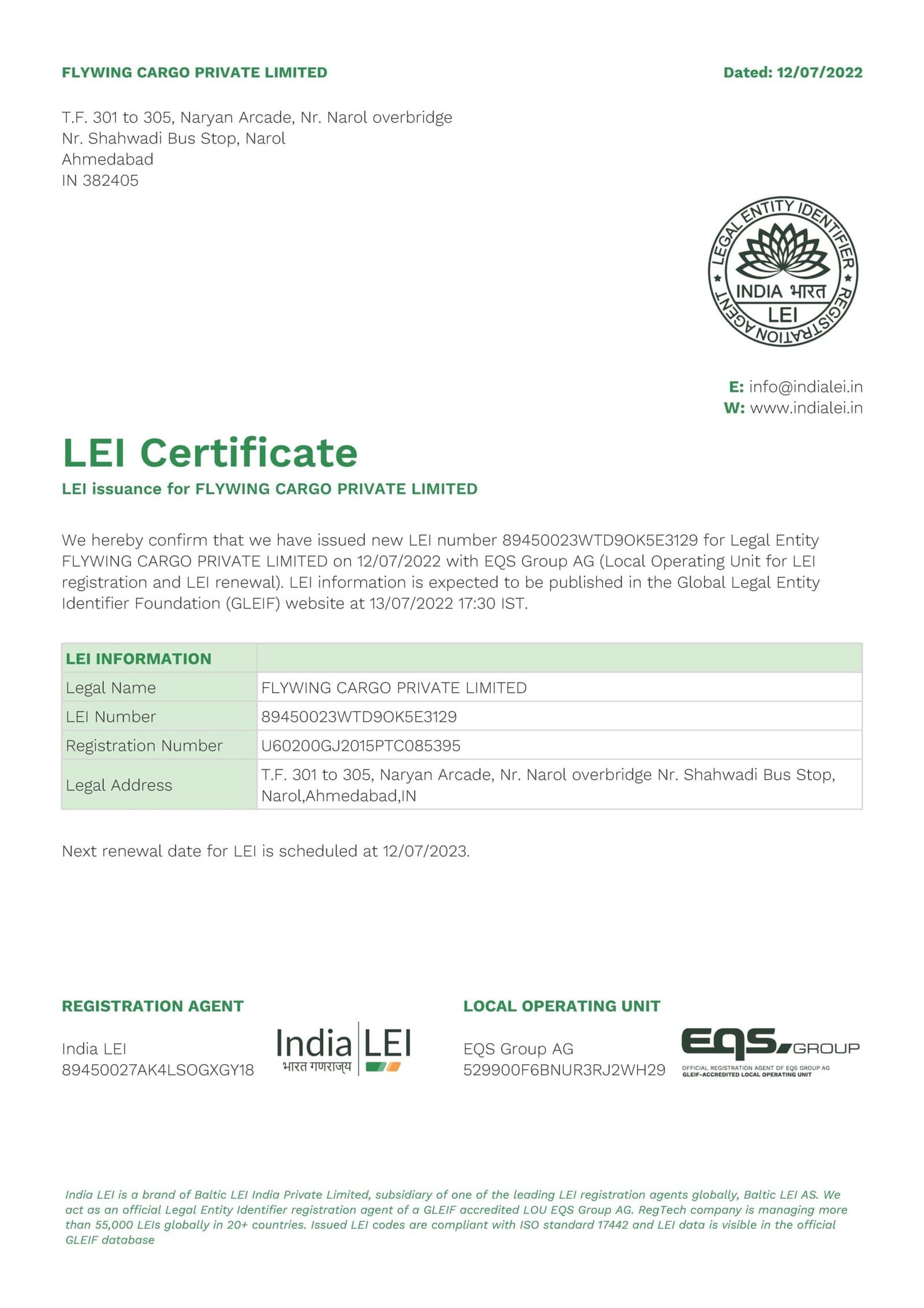 India LEI Certificate